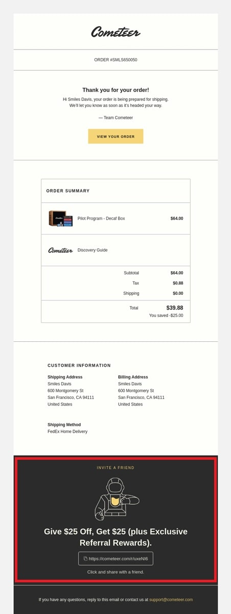 Cometeer order confirmation email featuring referral program promotion with share buttons and reward details